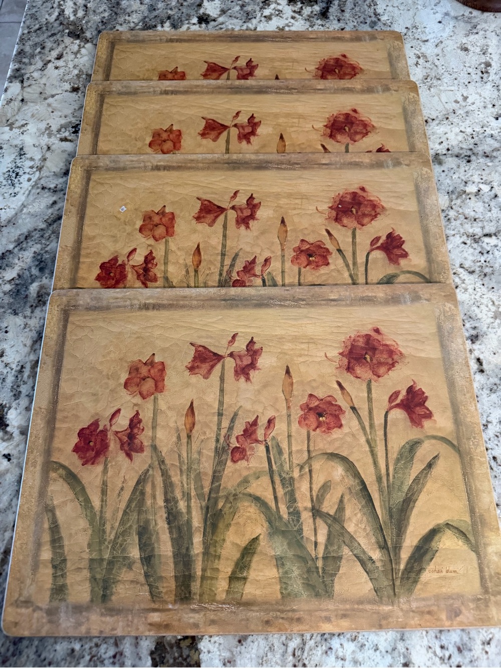 Set of 4 Cheri Blum Floral Cork Backed Placemats Red Flowers 15.75x11.75”